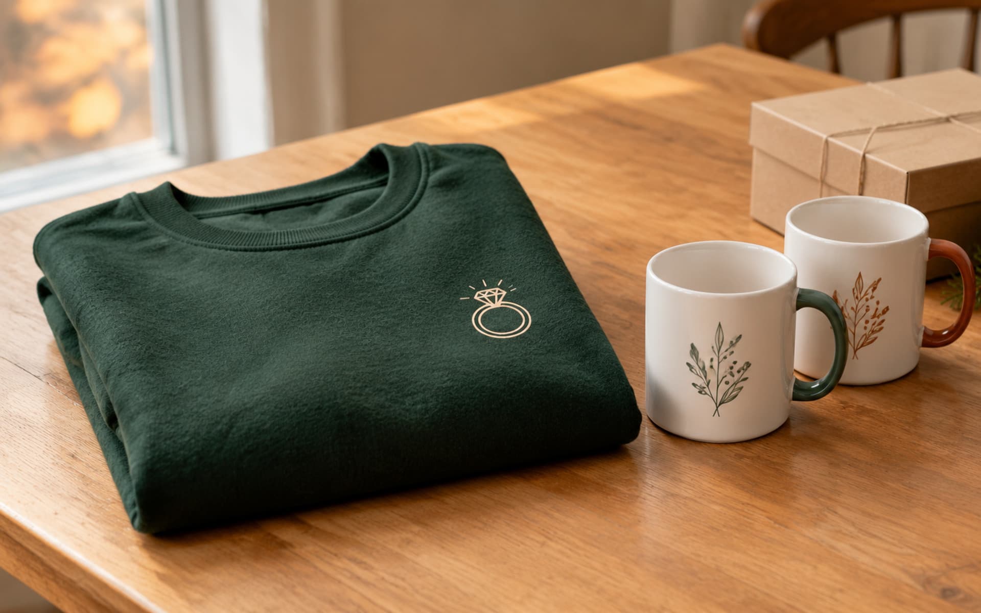 AI-generated lifestyle illustration of a personalized sweatshirt and ceramic mug arranged as engagement gifts