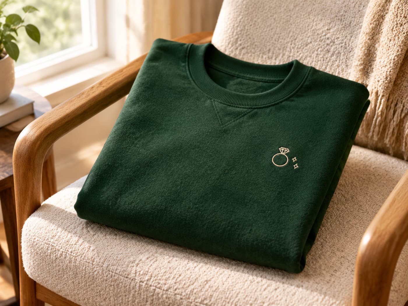 AI design concept showing a forest-green crewneck with a small ring illustration