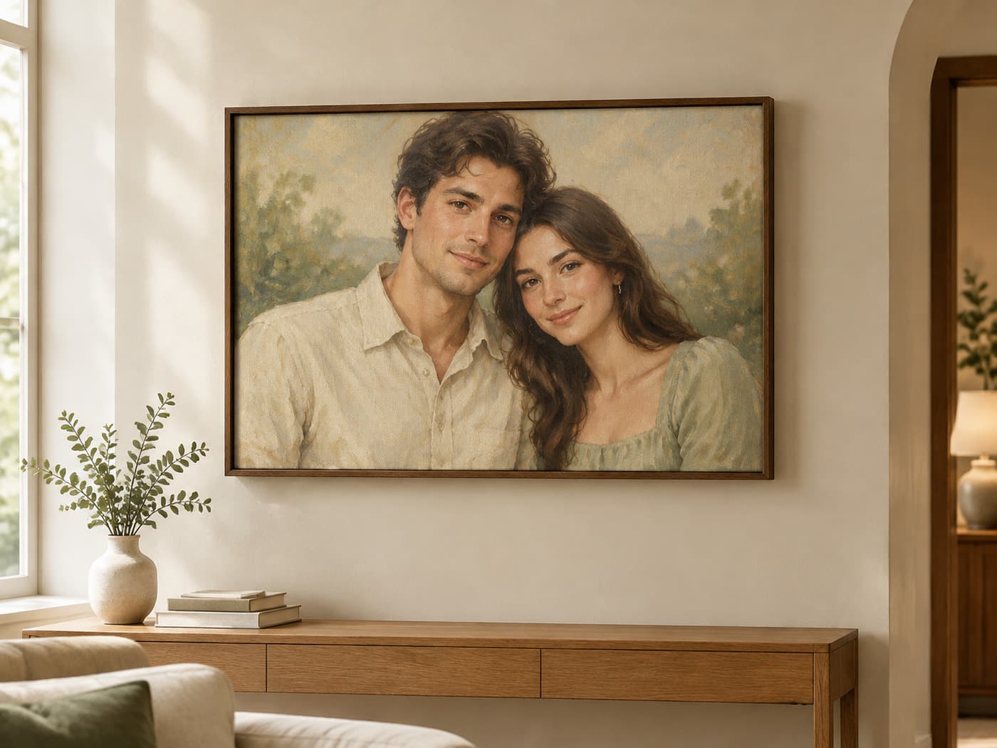 AI design concept showing a framed, painterly couple portrait in a home