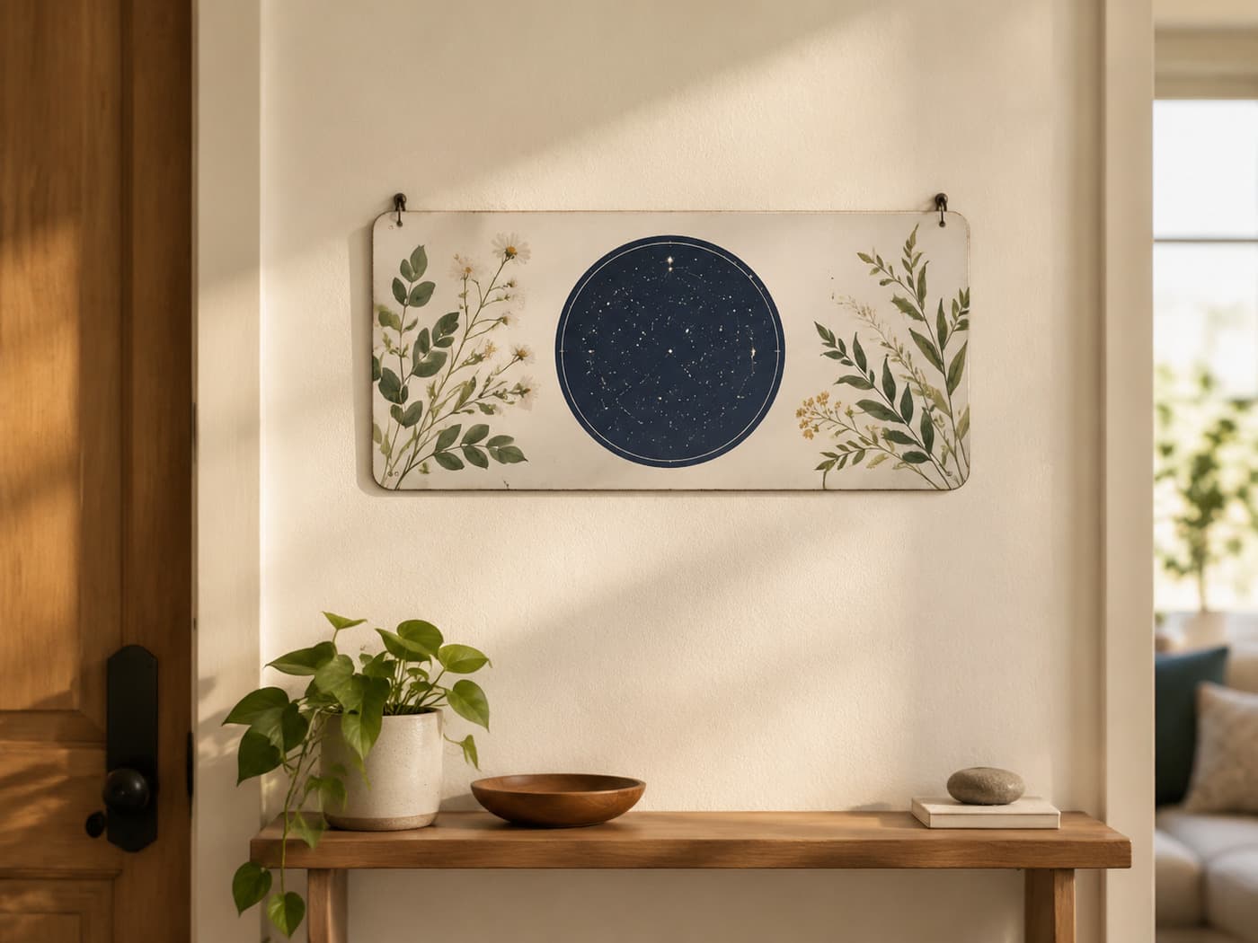 AI design concept of a personalized metal sign displayed in a couple's home