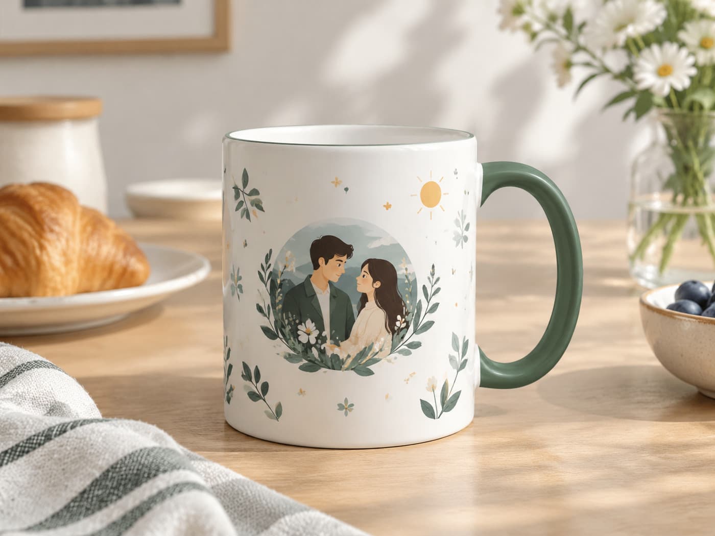AI design concept of a personalized ceramic mug with a couple illustration