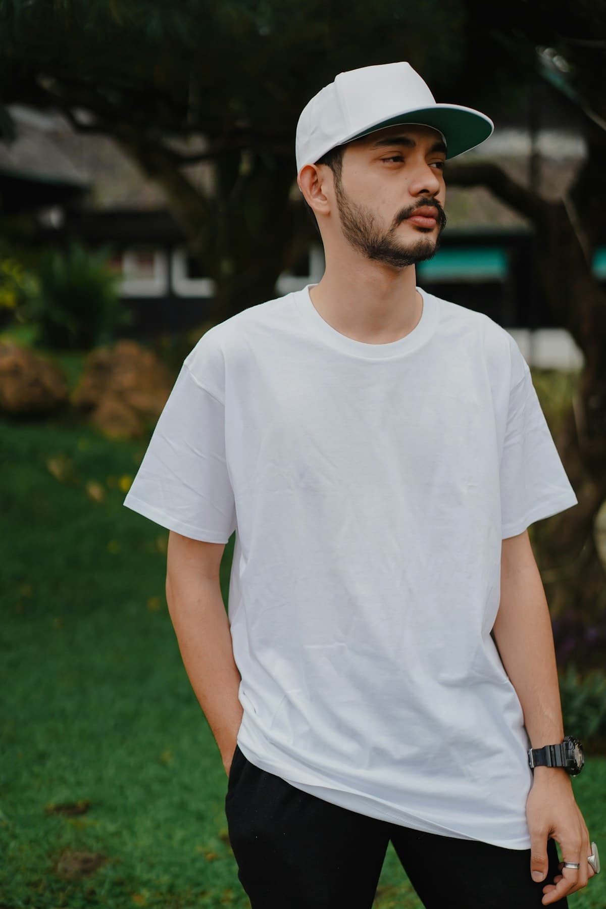 Person wearing a custom photo T-shirt outdoors