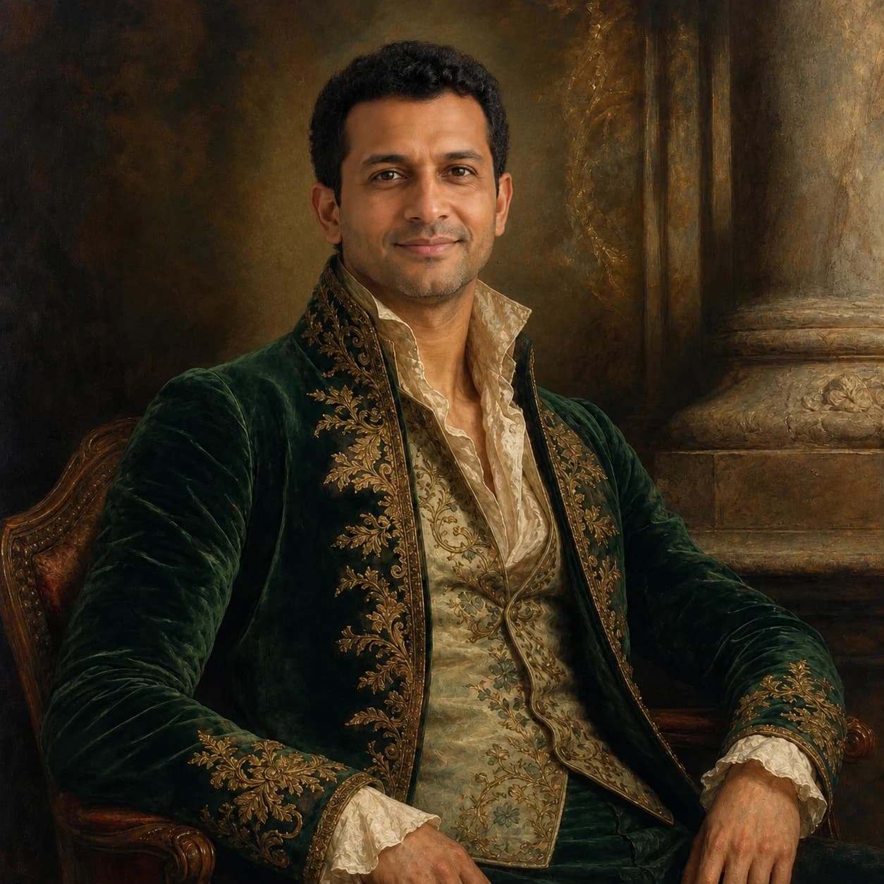 Actual AI-generated result: Fictional adult transformed into the Emerald Court Sovereign portrait
