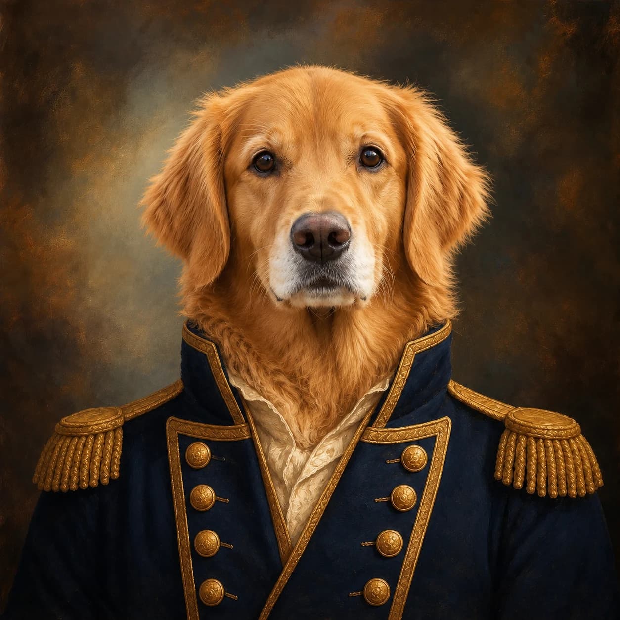 Actual AI-generated result: Fictional golden retriever transformed into the Regal Dog Commander portrait