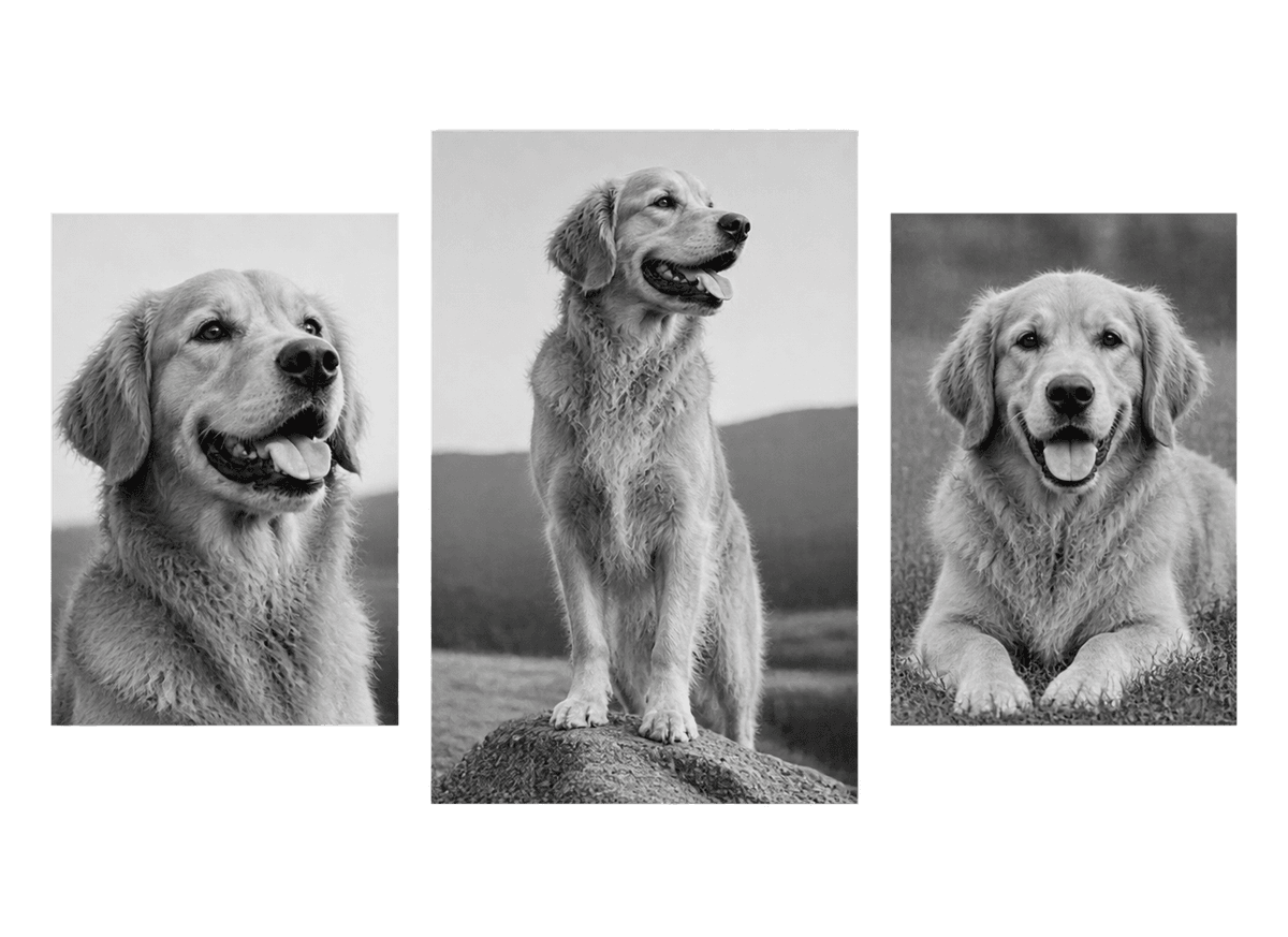 Monochrome Dog Triptych: transparent production artwork without a garment or model
