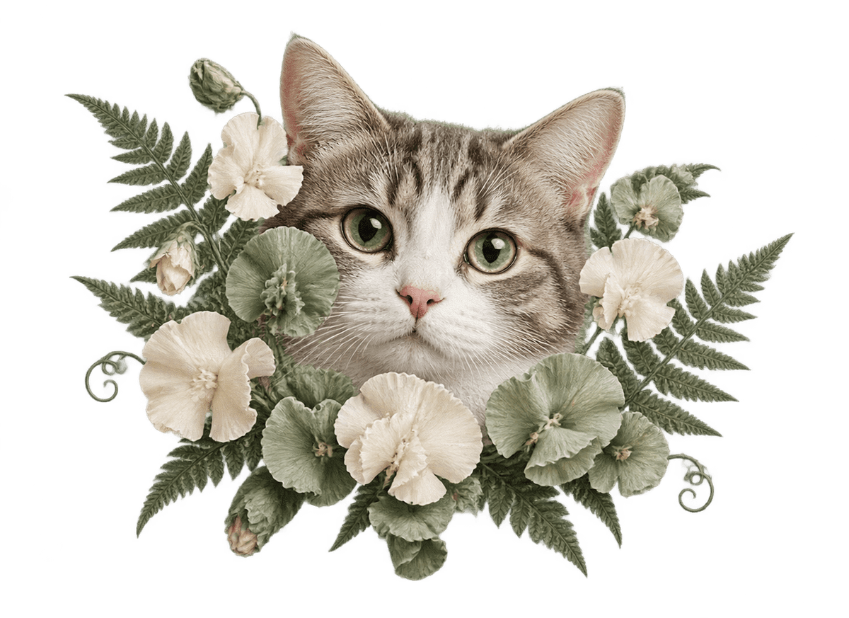 Garden Cat Reverie: transparent production artwork without a garment or model