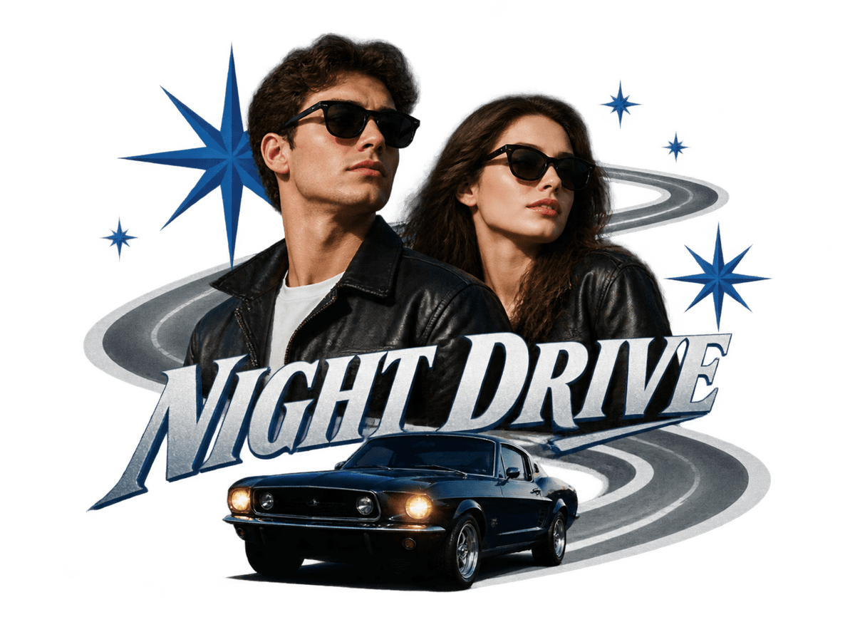 Night Drive Lovers: transparent production artwork without a garment or model