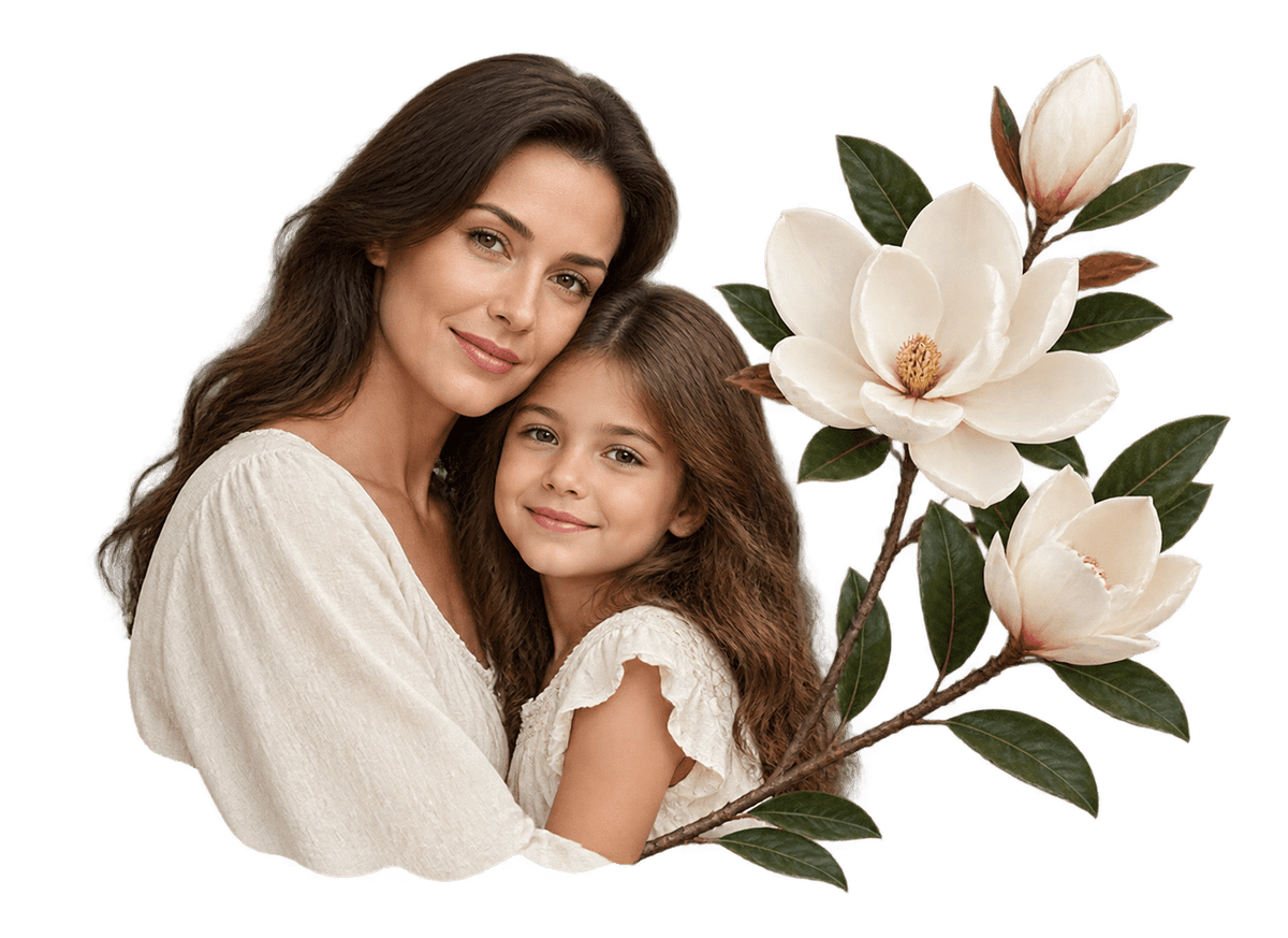 Mother Child Magnolia: transparent production artwork without a garment or model