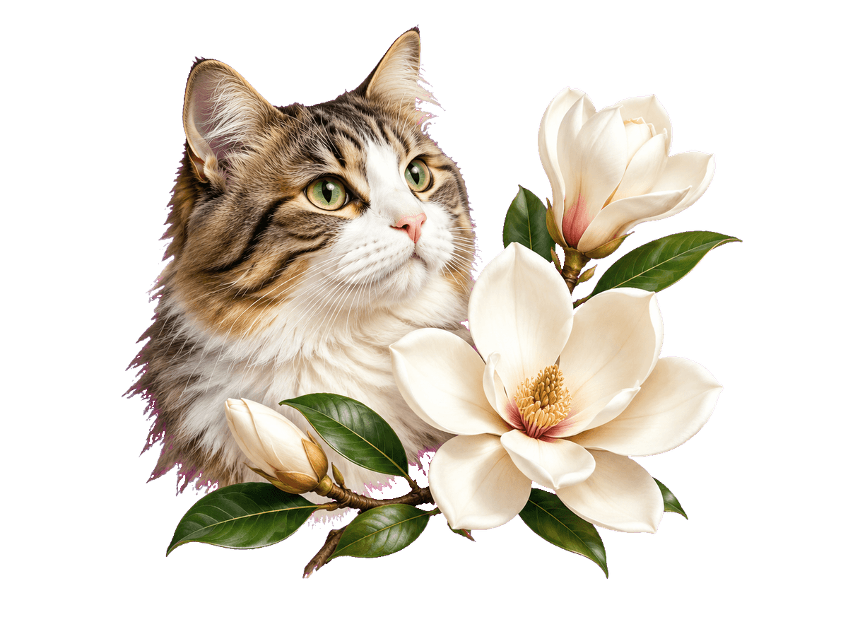 Cat Magnolia Memory: transparent production artwork without a garment or model