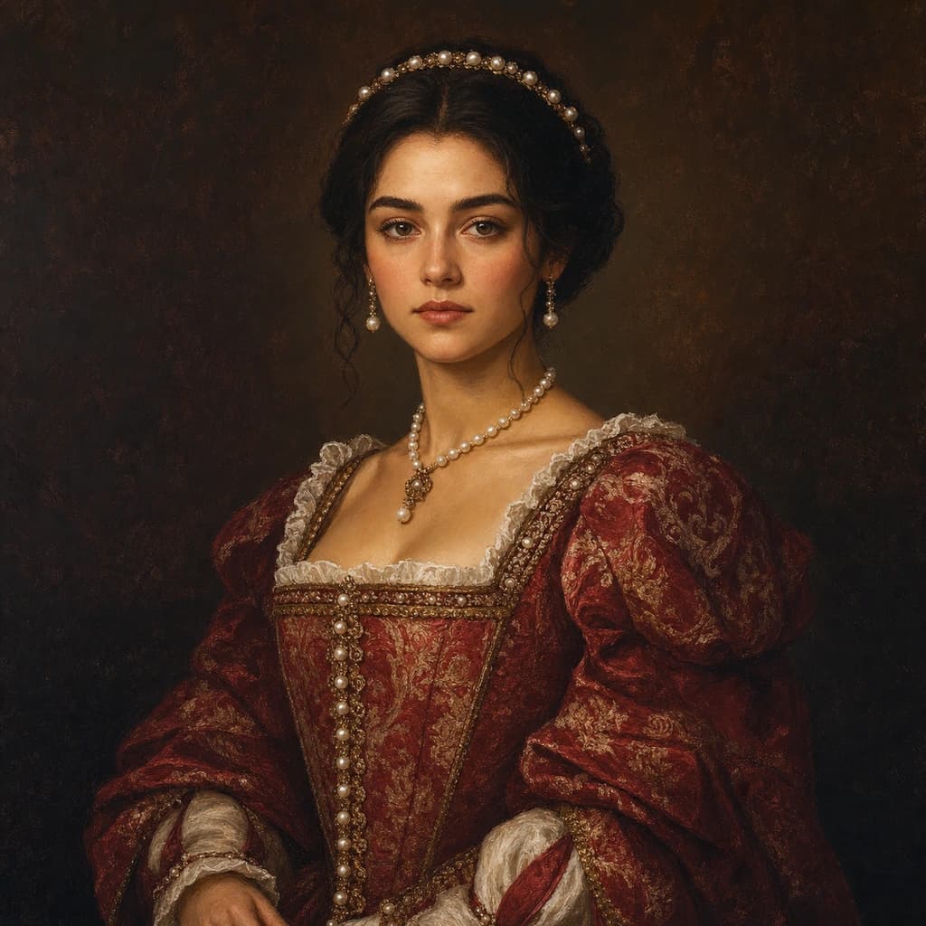 Crimson Renaissance Noble: Crimson brocade and pearl accents against a deep umber gallery background.