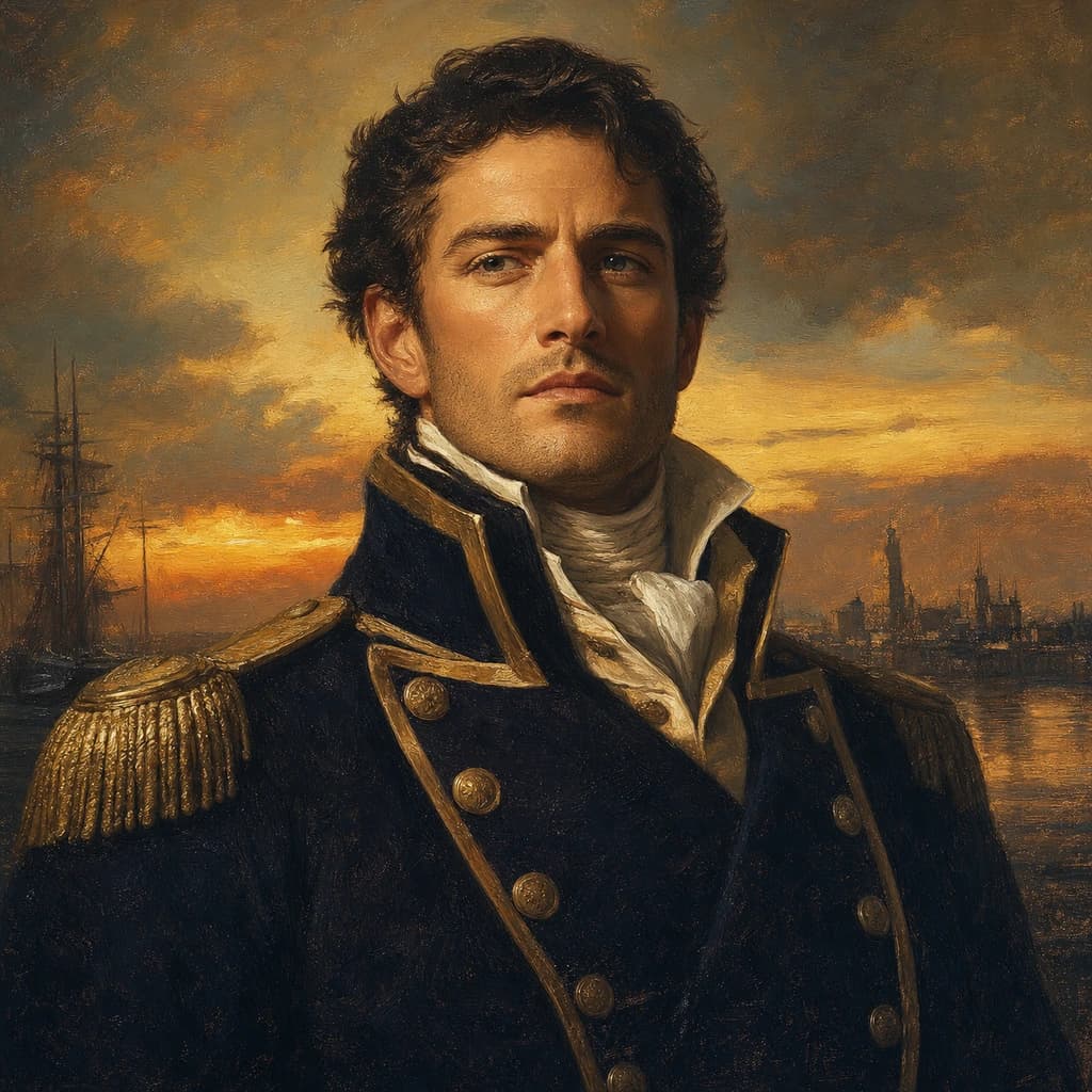 Grand Naval Admiral: A commanding naval portrait with brass detailing and a distant harbor at dusk.