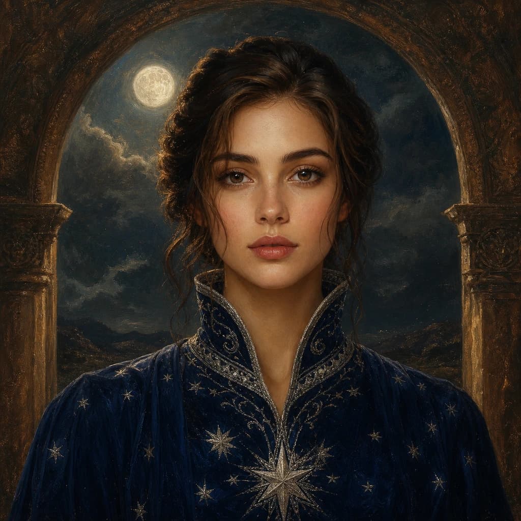 Celestial Queen: Midnight-blue ceremonial dress and silver embroidery beneath a subtle moonlit arch.