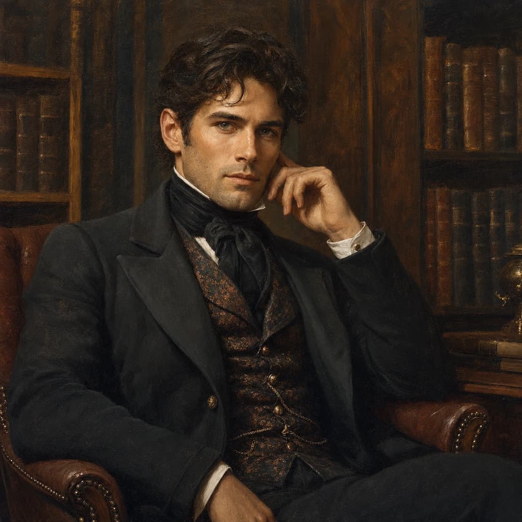 Victorian Scholar: A thoughtful library portrait in charcoal formalwear and warm bronze tones.