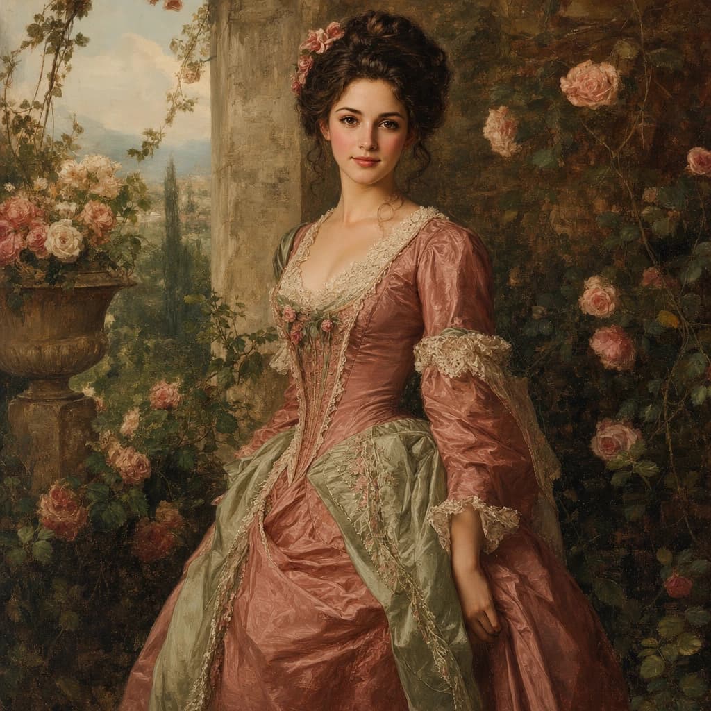 Rose Garden Countess: Dusty rose silk, soft climbing flowers, and a romantic garden setting.