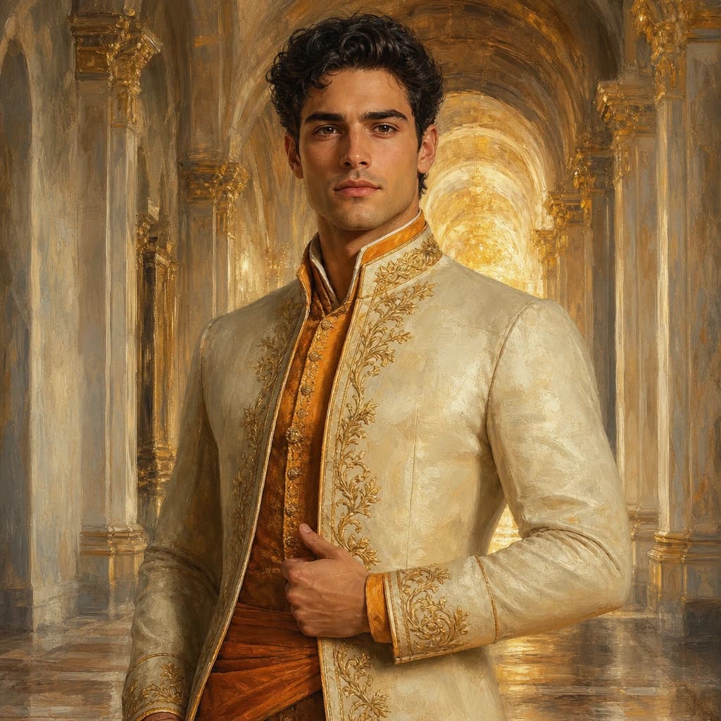 Sunlit Royal Courtier: Cream, saffron, and antique gold in a luminous palace corridor.