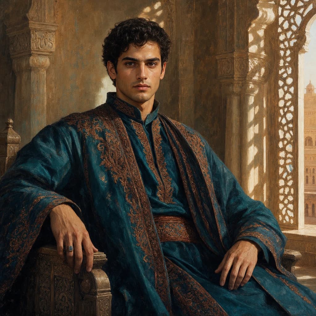 Desert Palace Sovereign: Deep teal robes and copper embroidery in a fictional sandstone palace.