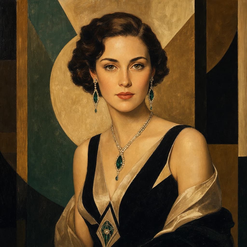 Art Deco Heiress: Black and champagne evening attire with emerald accents and geometric elegance.
