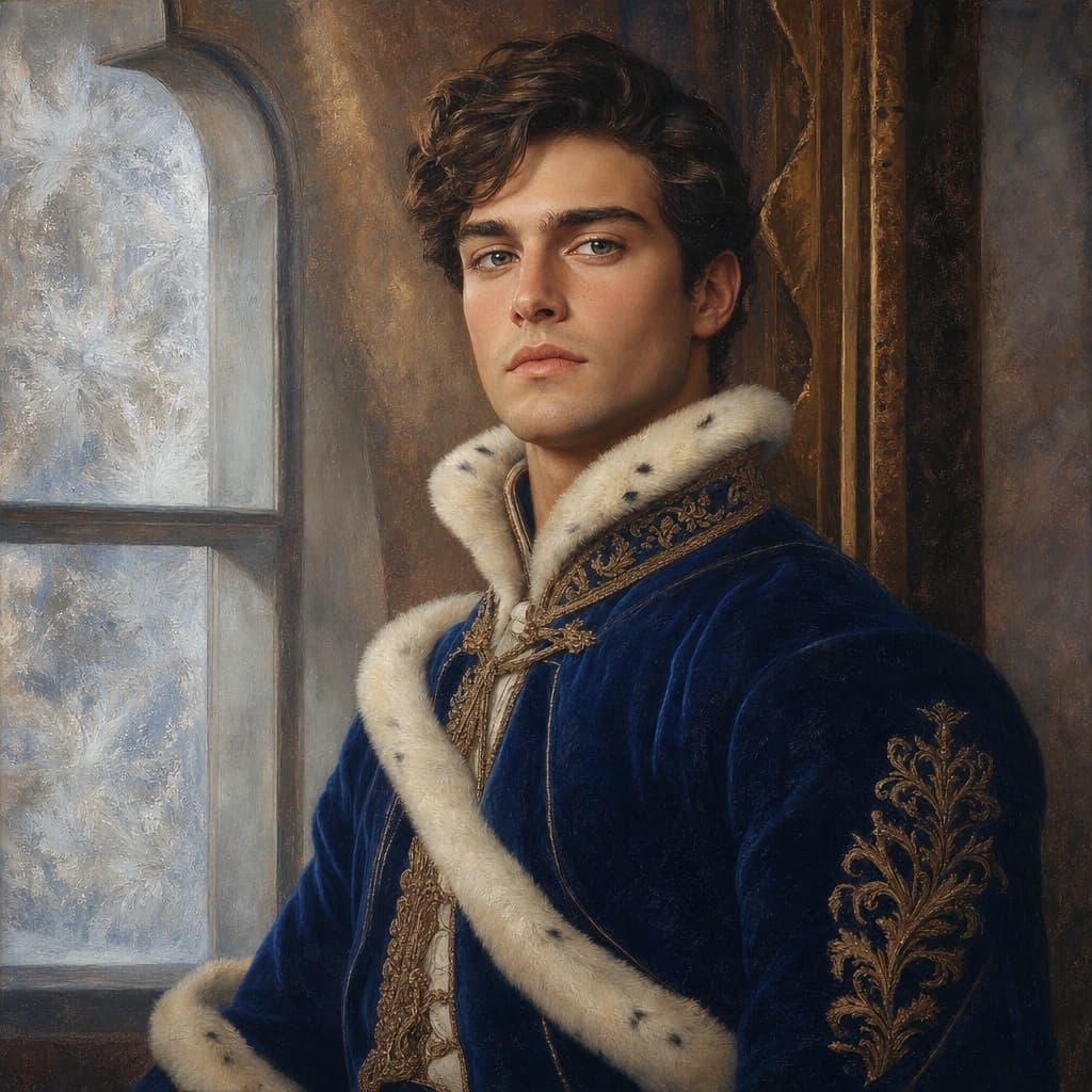 Winter Palace Monarch: Sapphire velvet and soft winter light beside a frosted palace window.