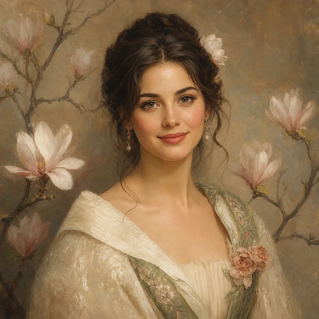 Botanical Heirloom Portrait: A gentle ivory-and-sage portrait framed by sparse magnolia branches.