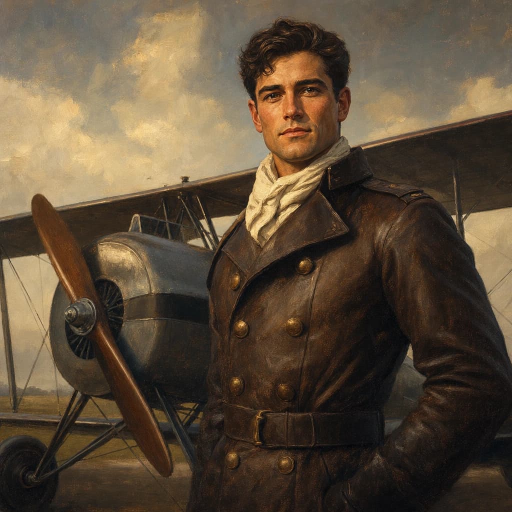 Royal Aviator: A heroic aviator portrait with an early-aircraft silhouette and fictional dress uniform.