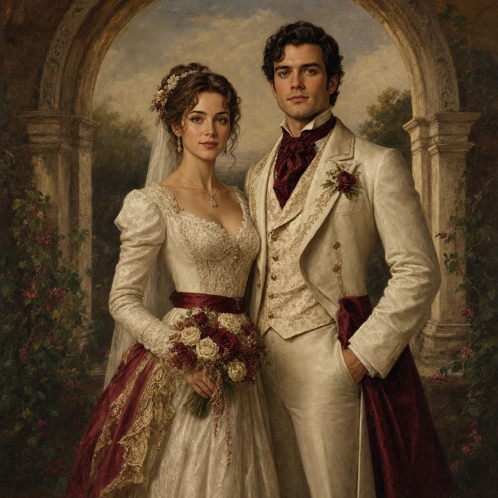 Renaissance Wedding Couple: Ivory and burgundy wedding attire beneath a painted stone arch.