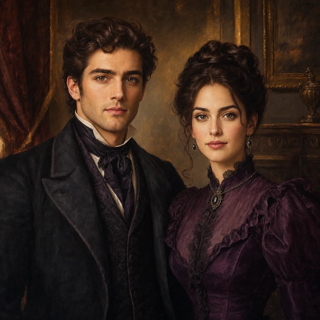 Victorian Estate Couple: A composed side-by-side portrait in a warm country-estate interior.