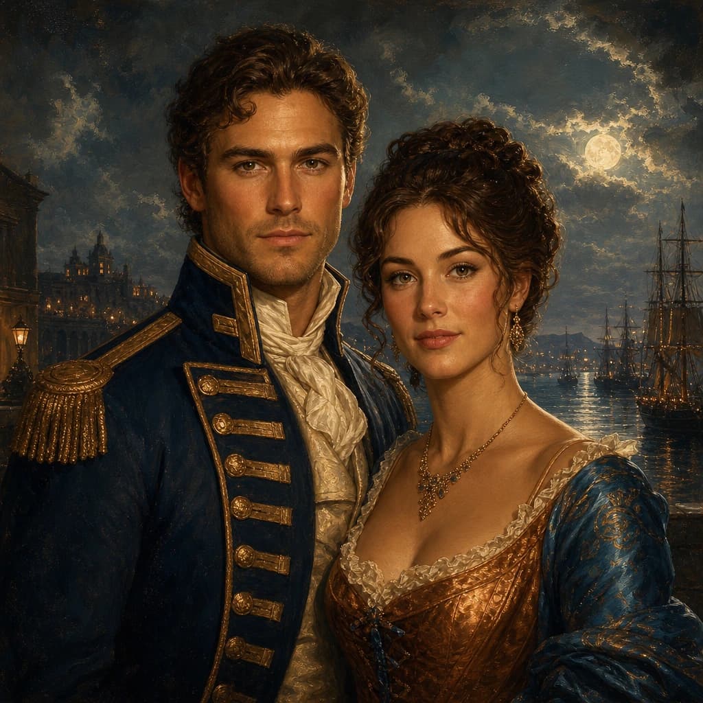 Admiral and Royal Consort: A fictional naval formal coat and copper-blue gown against a moonlit harbor.