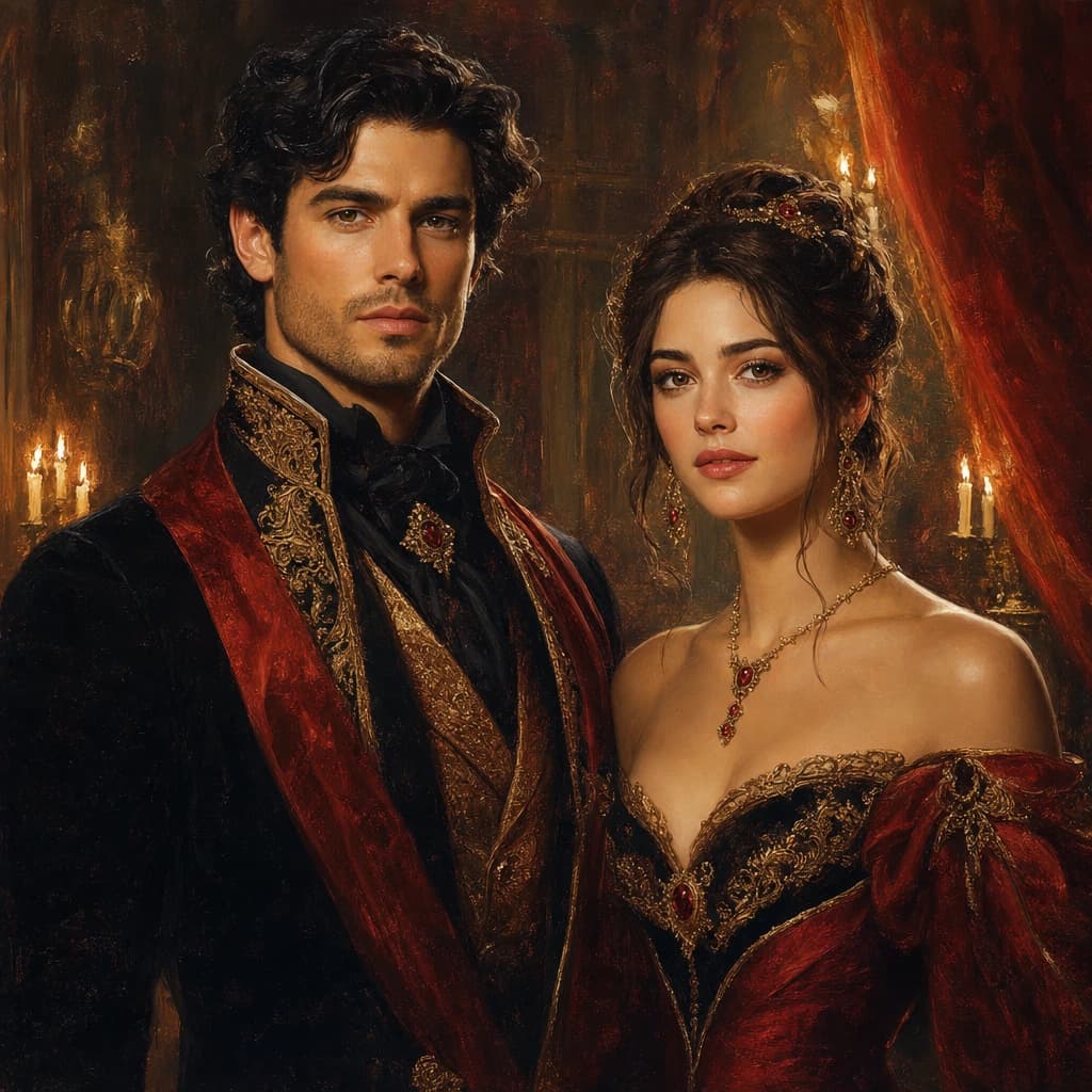 Gilded Masquerade Couple: Candlelit ballroom drama in black, gold, and crimson—with both faces fully visible.