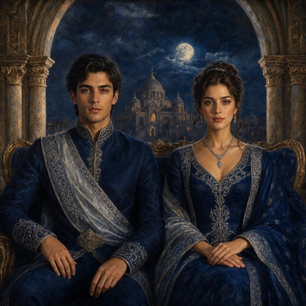 Moonlit Sovereigns: A symmetrical royal pair in midnight blue and silver beneath a moonlit arch.