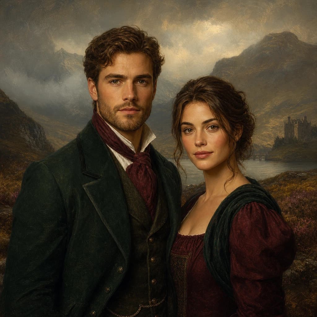 Highland Estate Couple: Forest green and burgundy formalwear in a misty highland-inspired landscape.