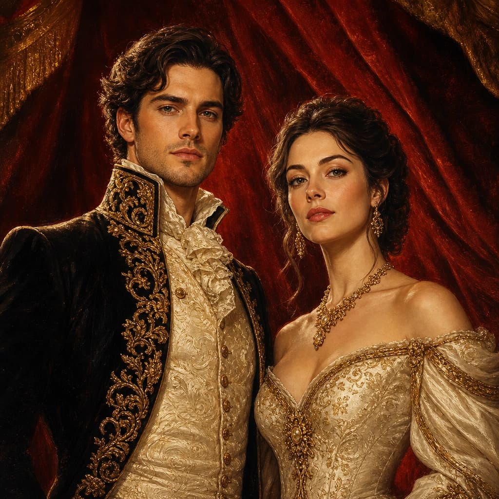 Baroque Opera Couple: Ivory, black and antique gold beside rich red stage drapery.
