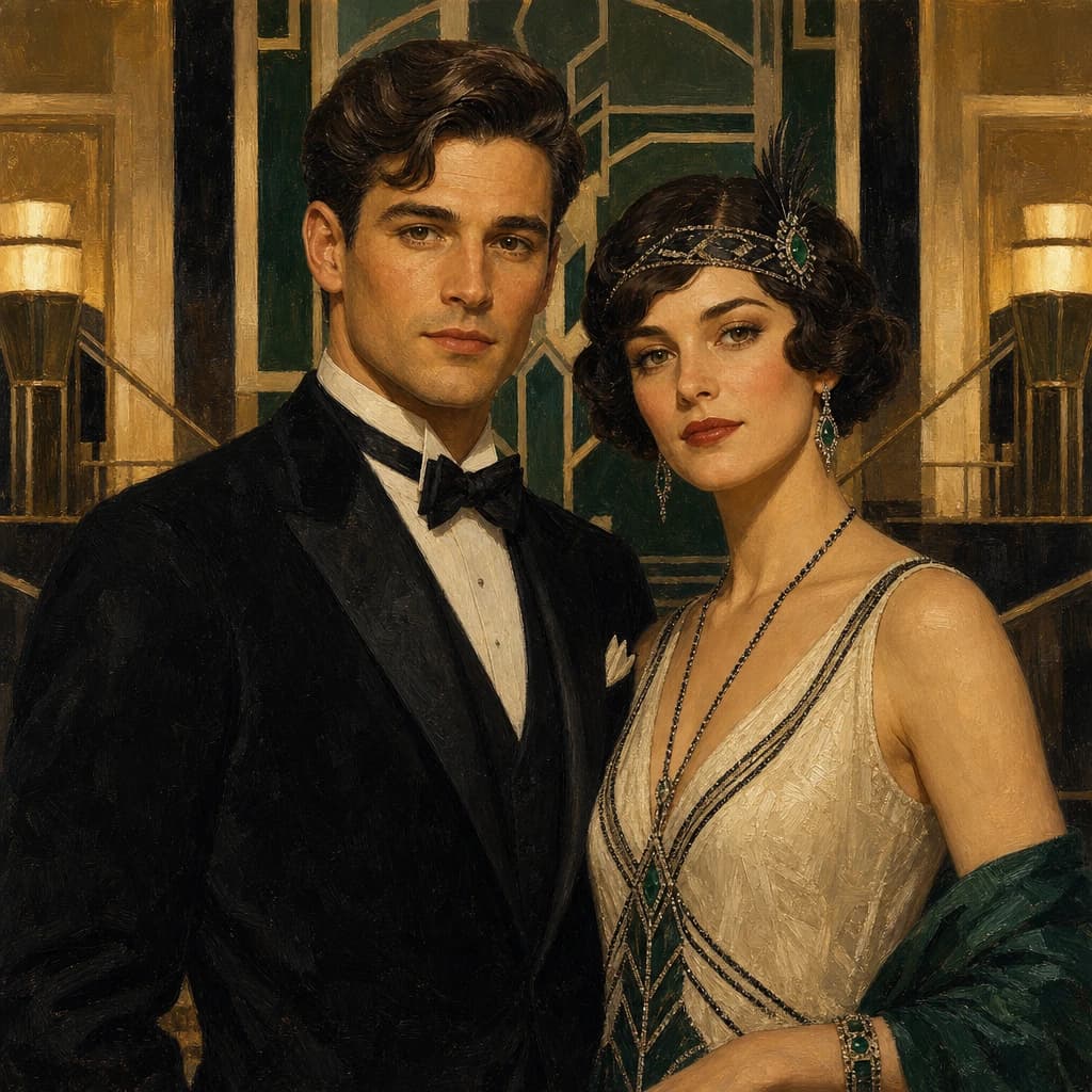 Art Deco Power Couple: Black, ivory, and emerald evening attire in a geometric grand-hotel setting.
