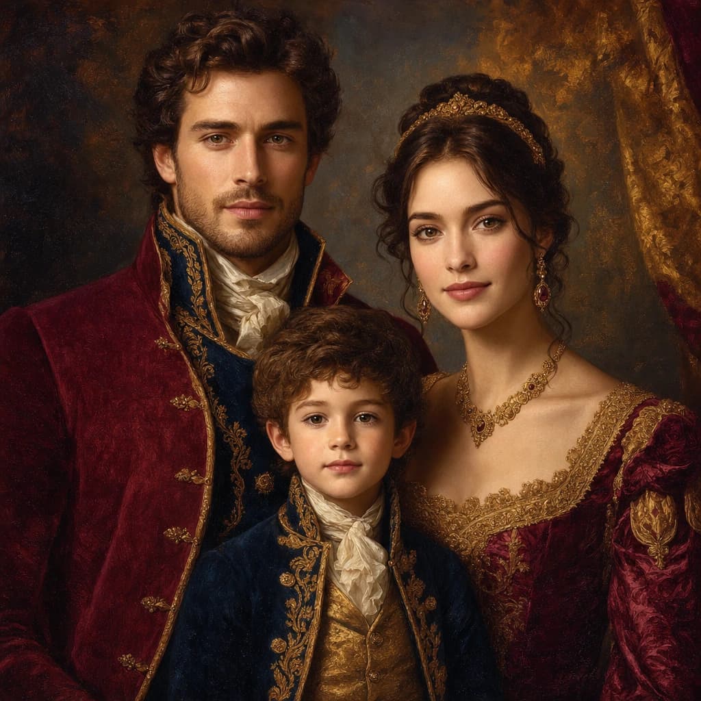 Royal Family Trio: Three distinct faces, jewel-tone court attire, and a balanced family composition.