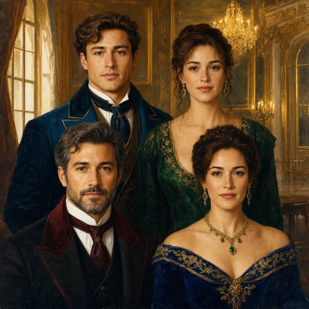 Palace Family of Four: Four family members in coordinated jewel tones inside a luminous palace salon.