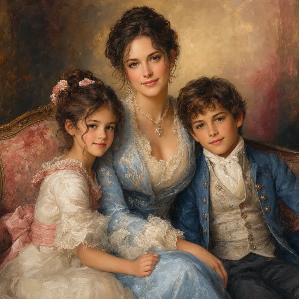 Mother and Children Heirloom: A seated parent and two children in soft blue, ivory, and rose.