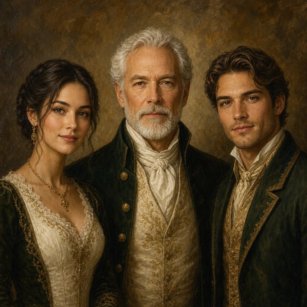 Grandparent Legacy Portrait: An older adult centered with two family members in a dignified heirloom scene.