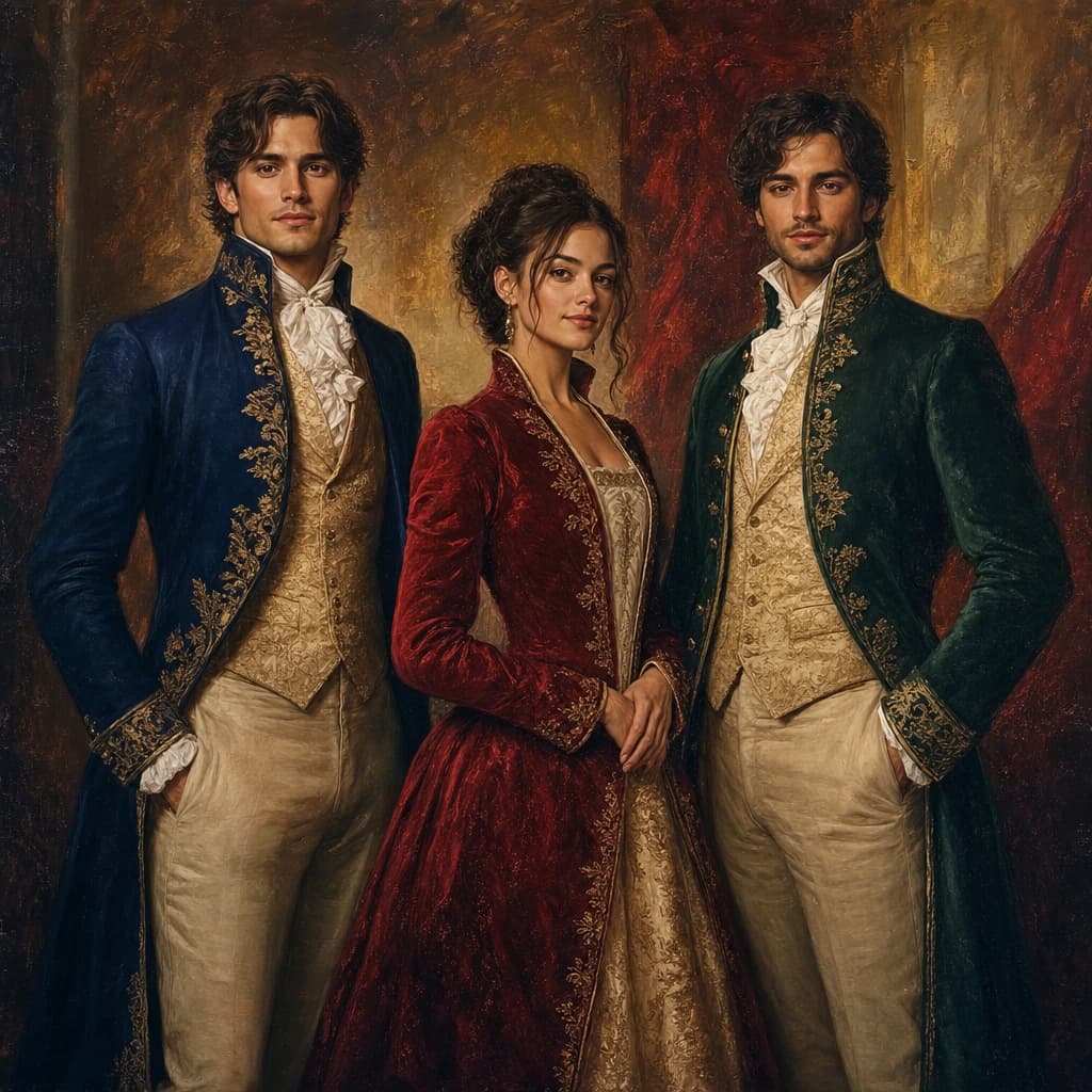 Sibling Court Trio: Three individually styled figures in crimson, navy and emerald court coats.