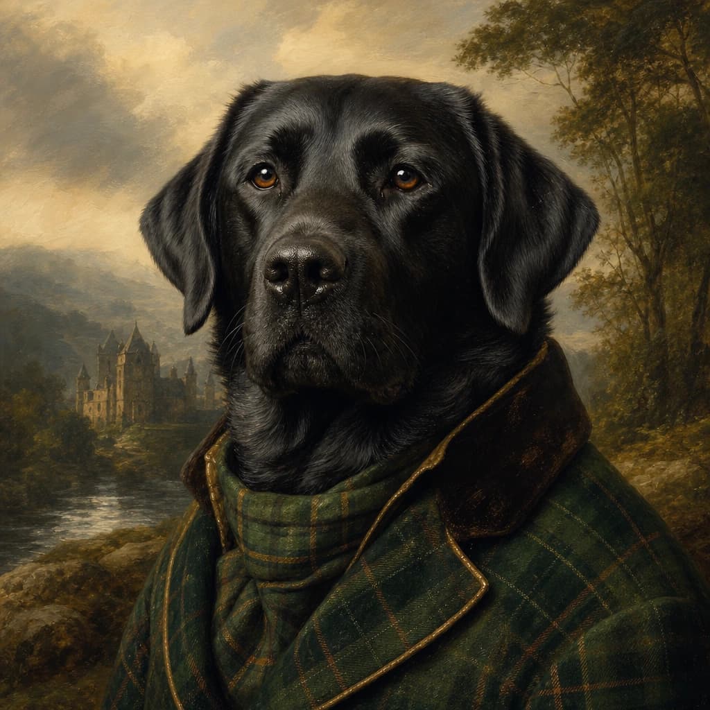 Highland Dog Laird: A dignified dog in forest-toned estate attire against a misty landscape.