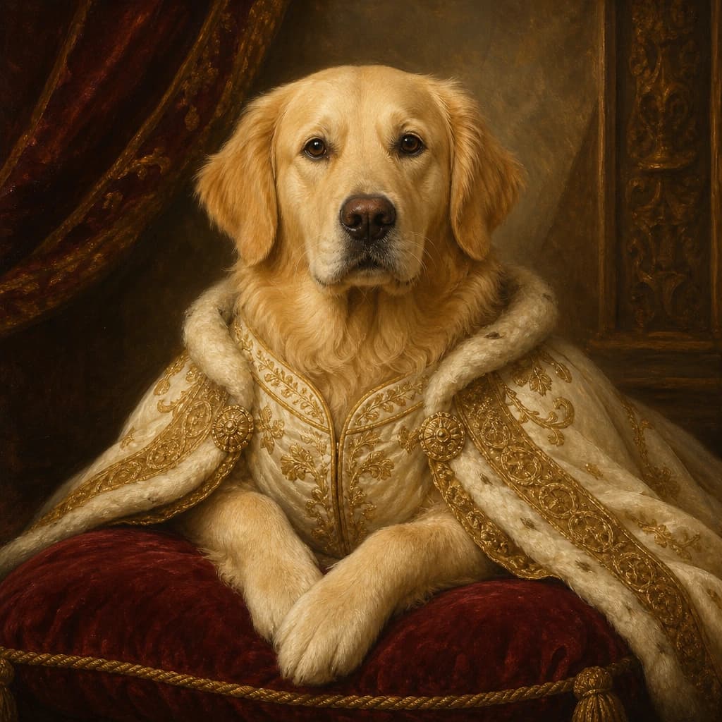 Gilded Pet Monarch: An ivory-and-gold royal mantle on a velvet cushion for a single pet.