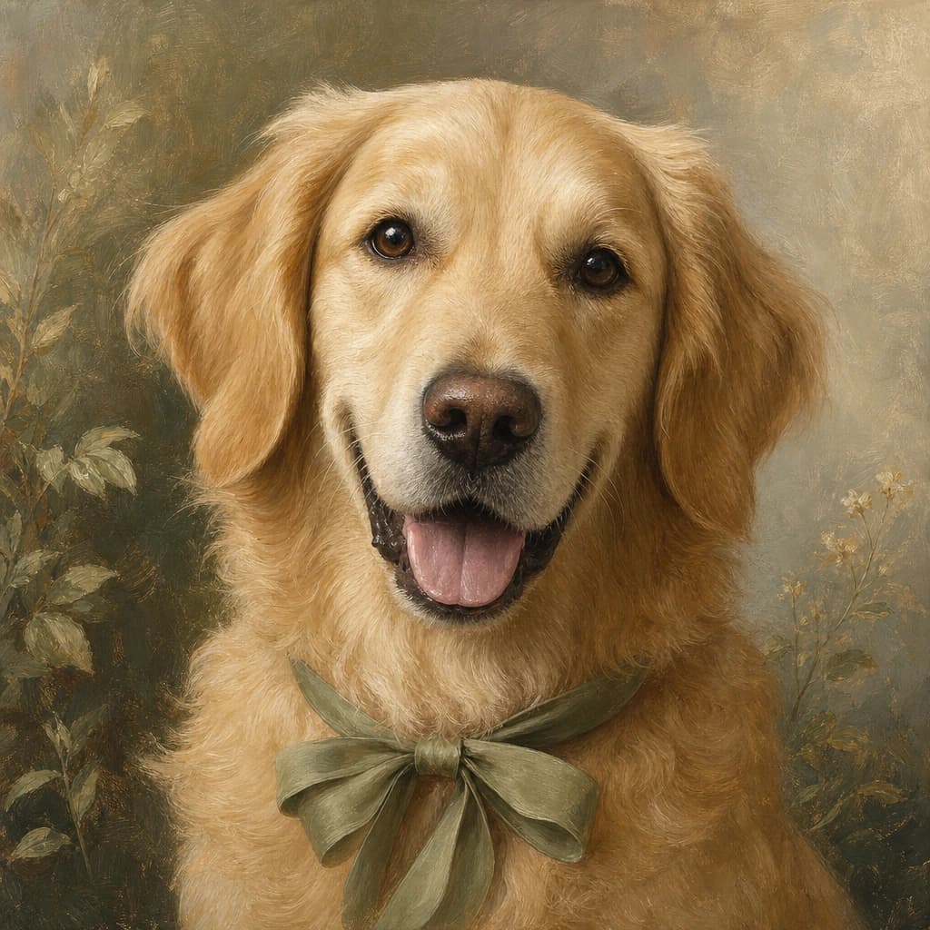 Gentle Pet Memorial Garden: A natural pet portrait in soft window light with restrained botanical detail.