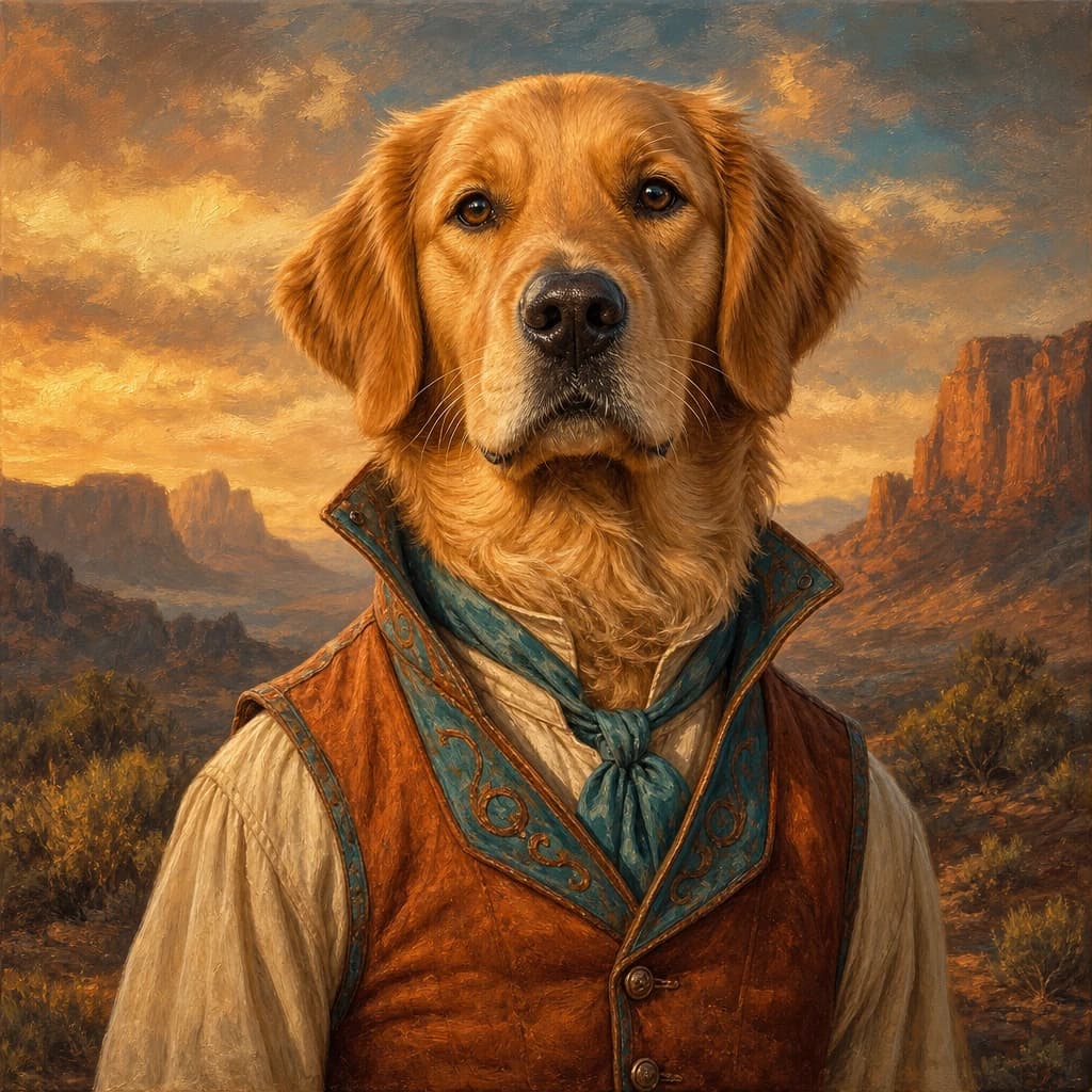 Western Dog Baron: Rust and teal frontier attire for a dog with unmistakable character.