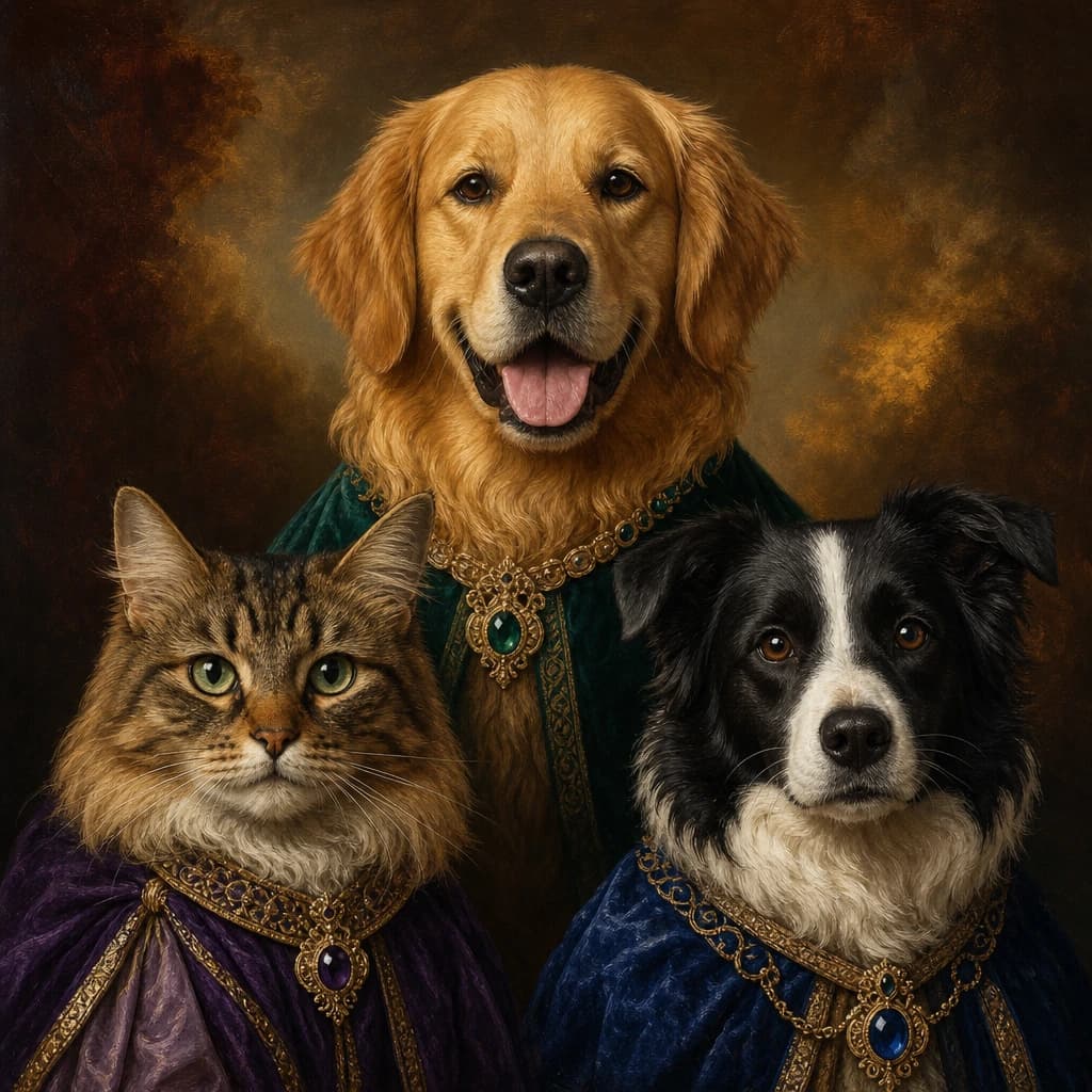 Three-Pet Royal House: Three pets, three distinct personalities, one jewel-toned royal household.