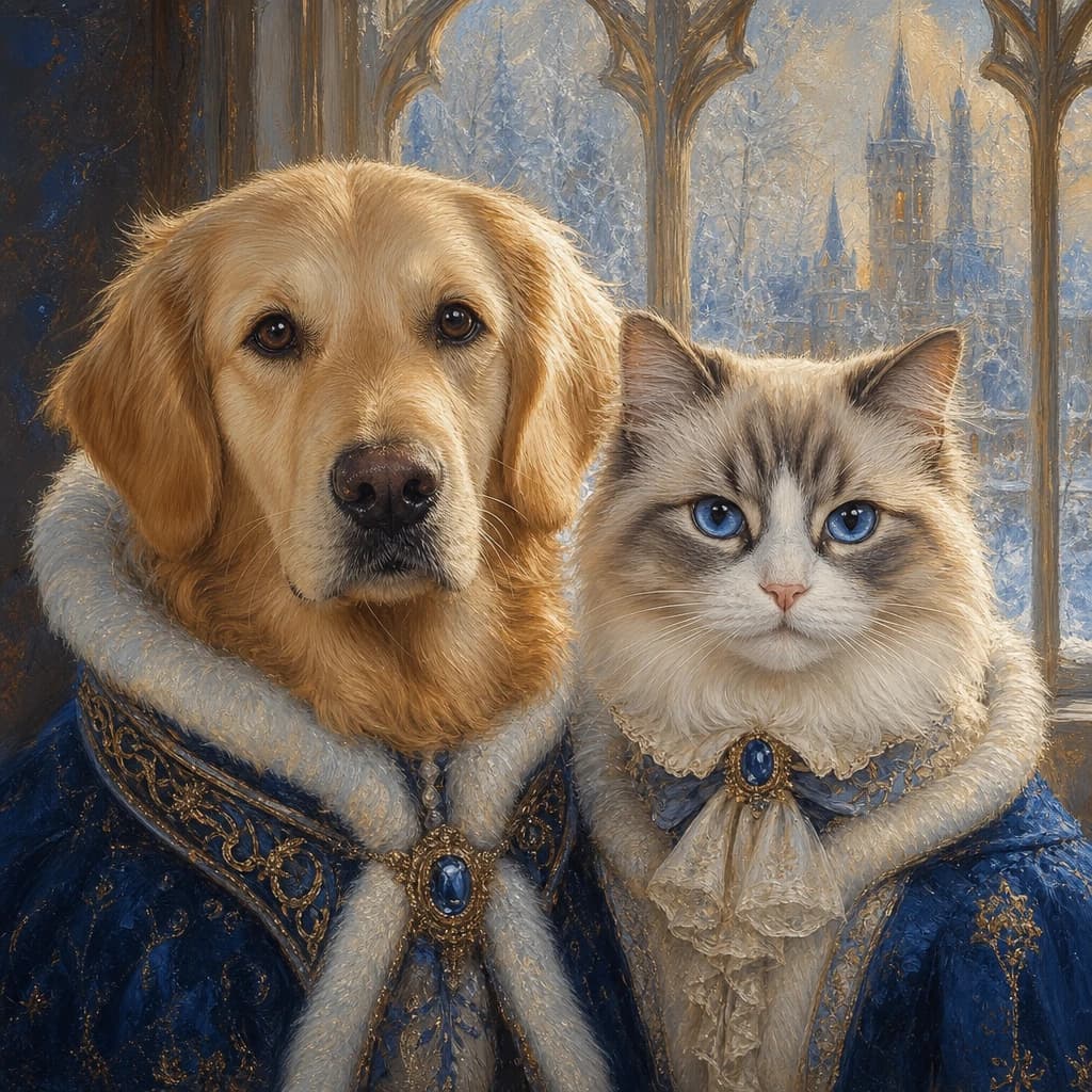 Winter Palace Pet Duo: Two pets in sapphire and cream court attire near a frosted palace window.