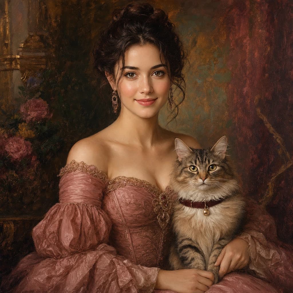 Duchess and Royal Cat: Dusty rose court attire and a burgundy collar for a person-and-cat keepsake.