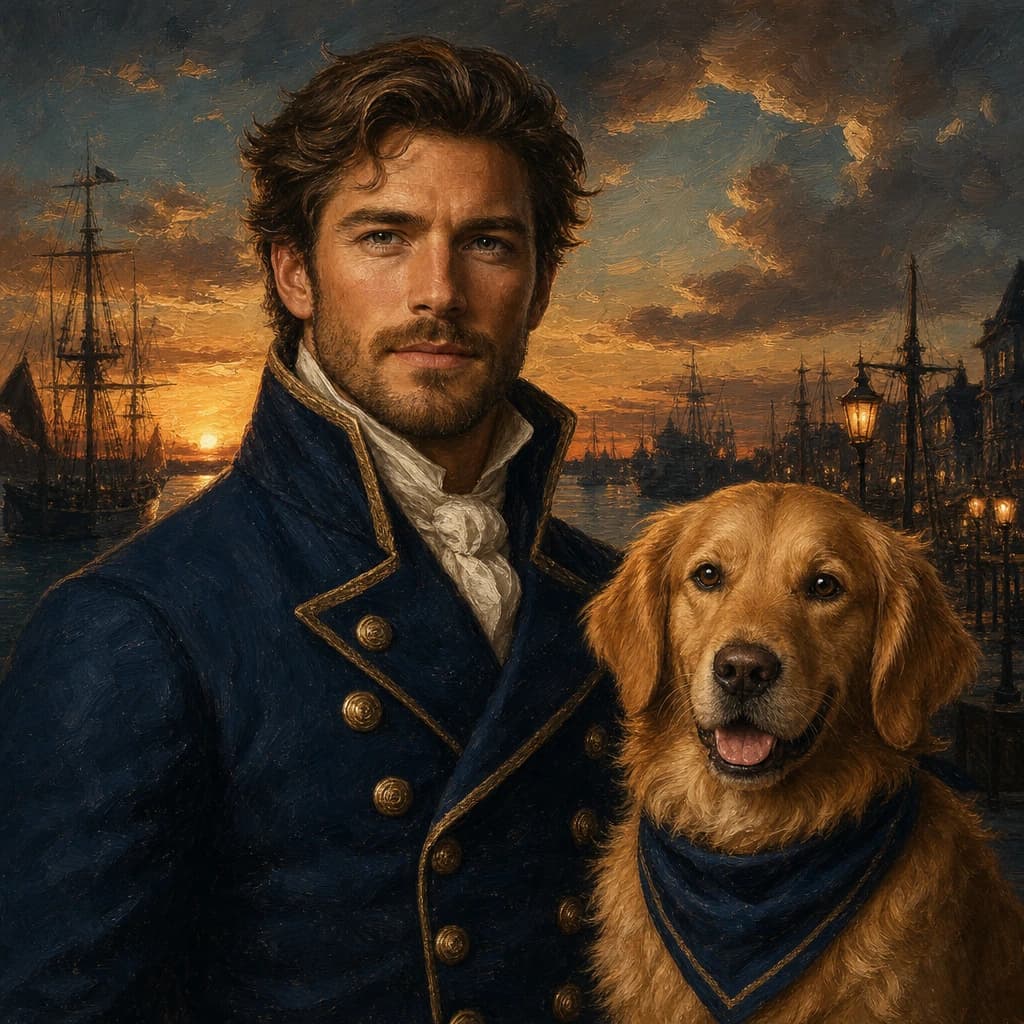 Admiral and First Mate: A person and canine first mate in fictional naval attire at an invented harbor.