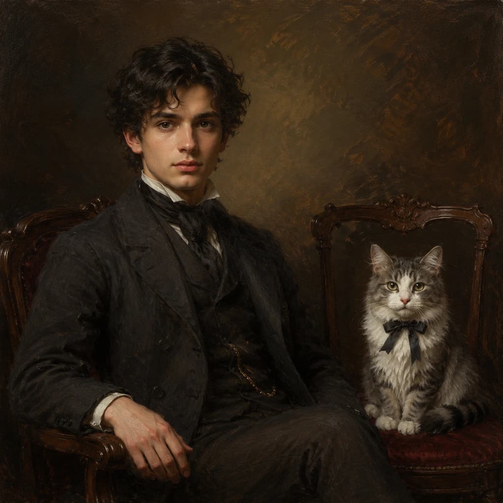 Scholar and Library Cat: A quiet library portrait with a seated scholar and a cat on a nearby chair.