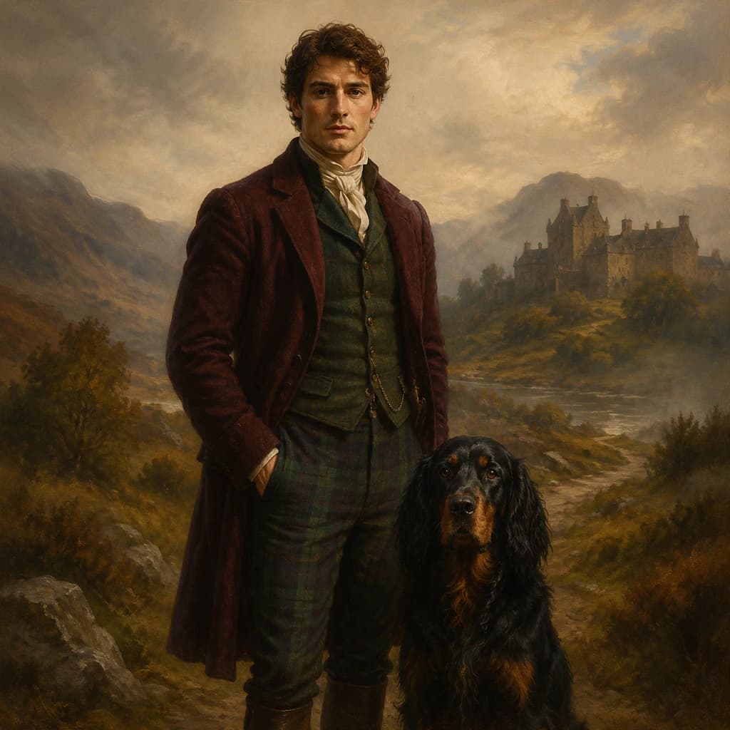 Highland Laird and Companion: A human and companion in forest and burgundy estate attire beneath a misty sky.