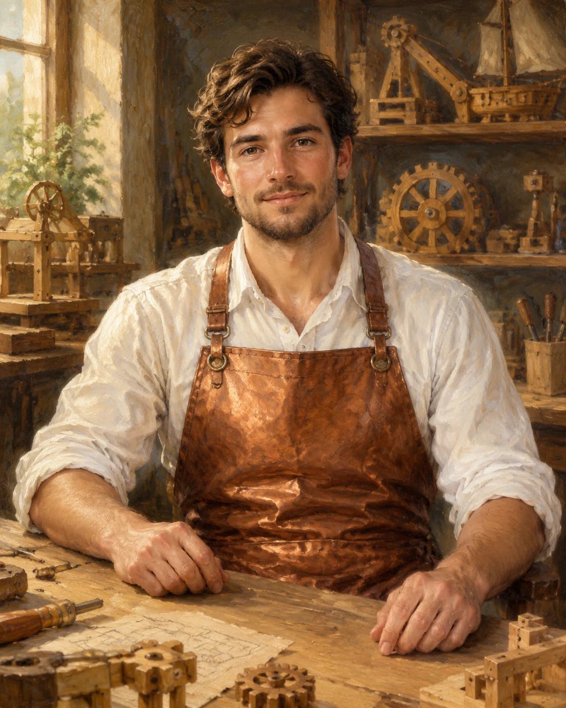Copper Workshop Inventor: Copper Workshop Inventor: a warm workshop of unlabeled wooden mechanical models, with a copper apron over a white shirt.