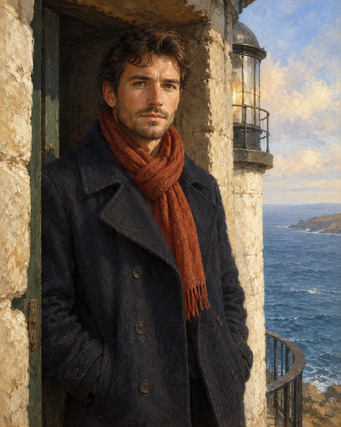 Seaside Lighthouse Keeper: Seaside Lighthouse Keeper: a stone lighthouse doorway above a distant sea, with a dark wool pea coat with a rust scarf.
