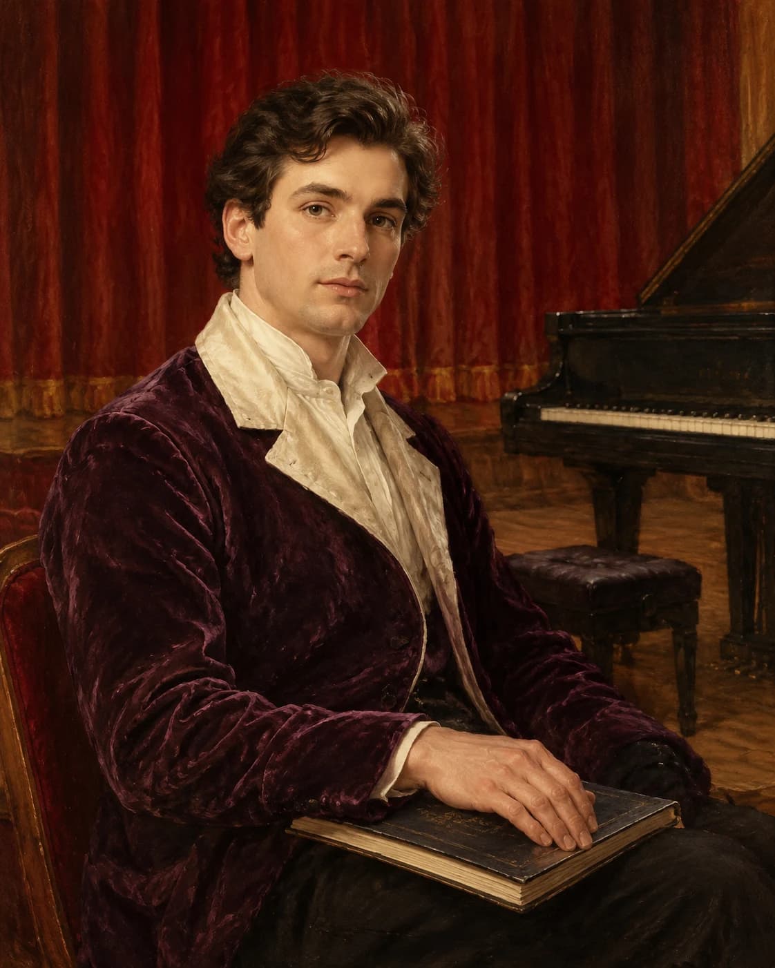 Velvet Theater Composer: Velvet Theater Composer: a quiet theater with an unoccupied piano and closed curtain, with a plum velvet jacket with ivory collar.
